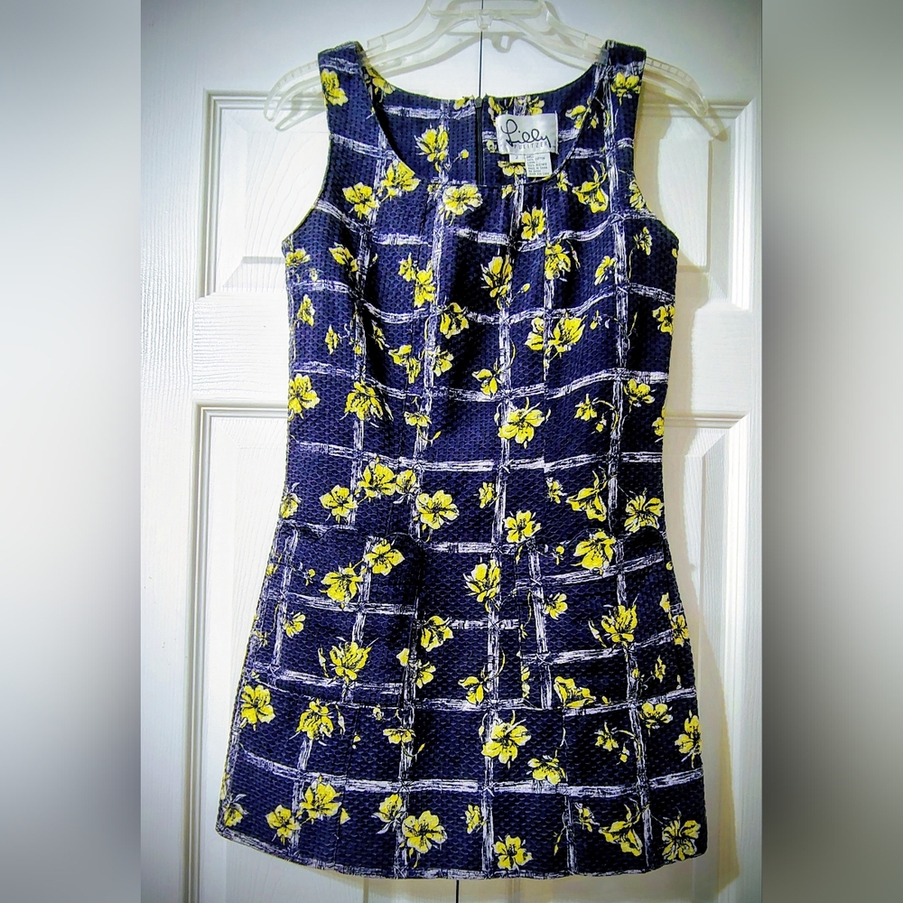 VTG RARE Lilly Pulitzer Navy Bamboo Floral Grid Mini Shift Dress w Pockets Sz 2.
